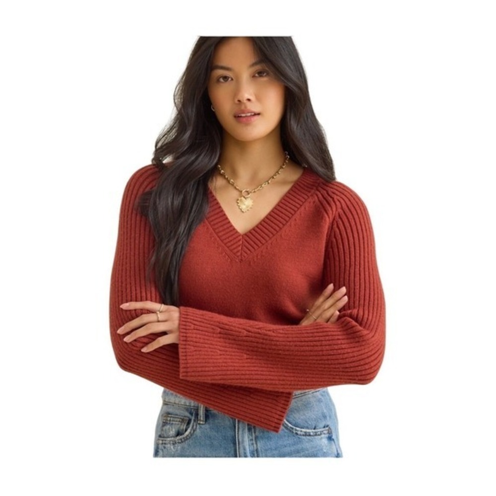 Altard‎ State V-Neck Bell Sleeve Sweater Burgundy Red Ribbed Knit XL